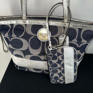 Blue and silver Coach bag with wristlet